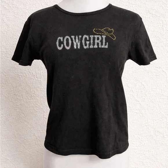 Y2K Cowgirl Graphic Baby Tee • Black Western Top • Early 2000s Aesthetic M - Picture 1 of 6